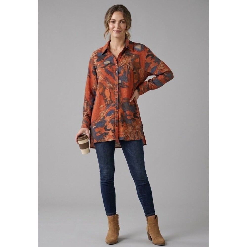 NWT Calessa Button Front Top Plus 1X Rust Fall Colors Long Sleeve Shirt Textured
